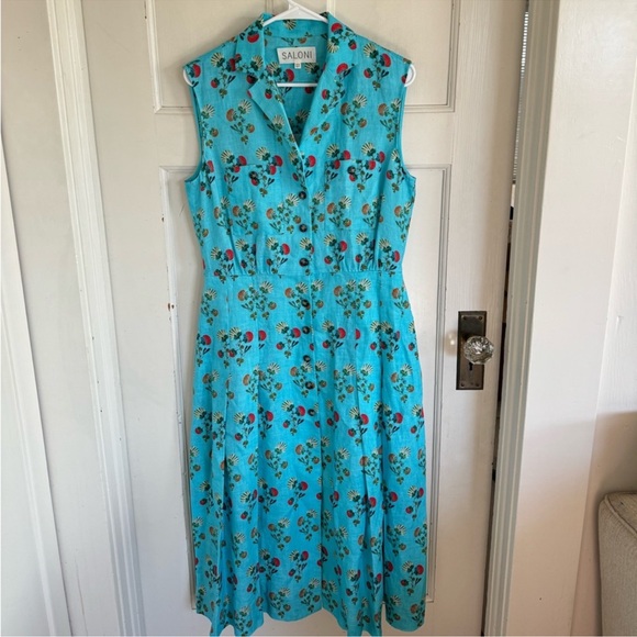 SALONI Dresses & Skirts - Saloni Eddie B teal blue floral linen midi dress size US8